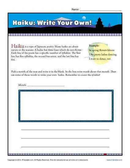 Poetry Worksheet Activity - Write a Haiku