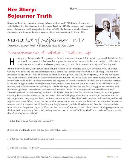 Free Reading Comprehension Activity - Narrative of Sojourner Truth