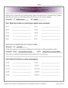 Hyphens and Numbers - Reading Worksheets, Spelling, Grammar