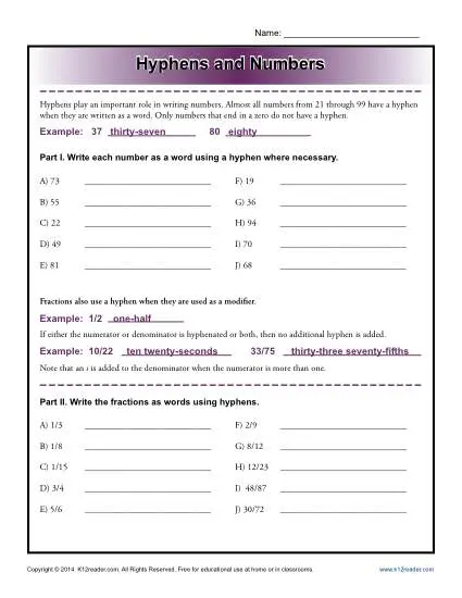 Hyphens And Numbers Reading Worksheets Spelling Grammar