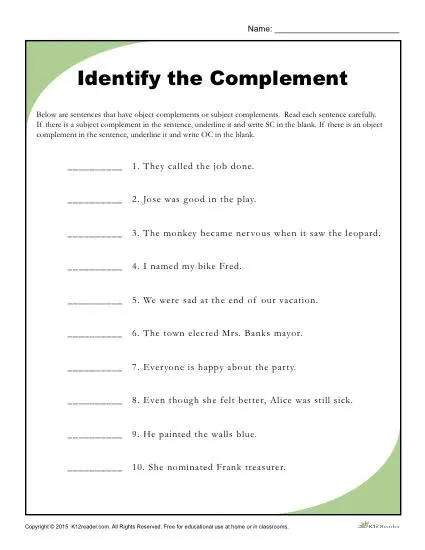 Subject Complement Worksheet With Answers Pdf