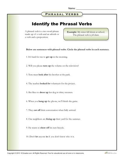 Identify The Phrasal Verbs Grammar Printable Activity