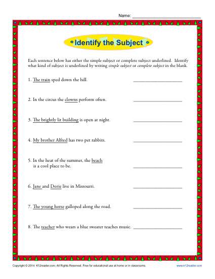 Simple Subject Of A Sentence Worksheet