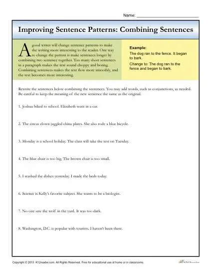 Sentence Patterns Combining Sentences Writing Worksheets