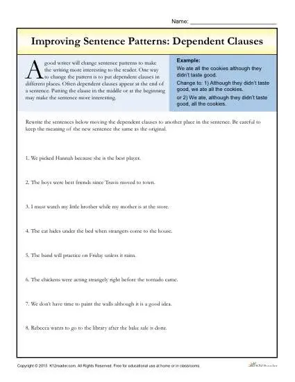 Improving Sentence Patterns Worksheet Activity: Dependent Clauses
