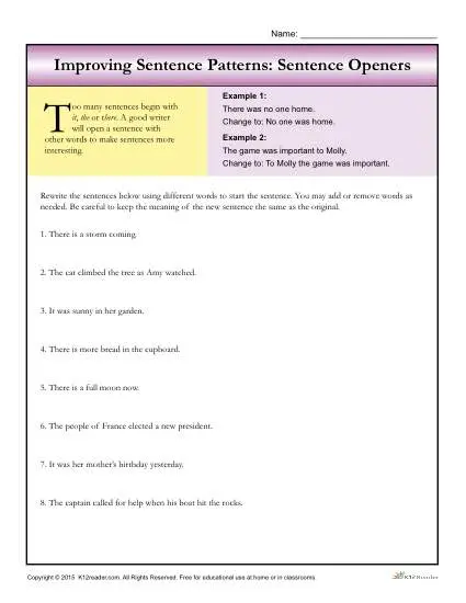 Improving Sentence Patterns Worksheet Activity: Sentence Openers