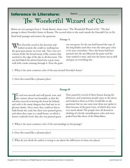 Inference In Literature - Reading Comprehension Activity with The Wonderful Wizard of Oz