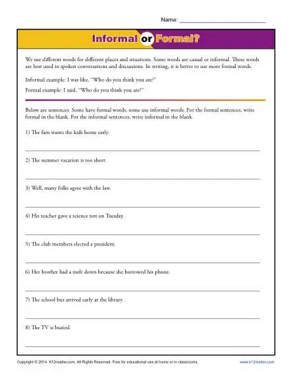 Using Informal or Formal Language in Writing - Worksheet Practice Activity