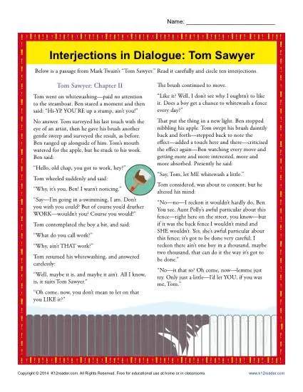 Interjections in Dialogue Tom Sawyer - Worksheet Practice Activity