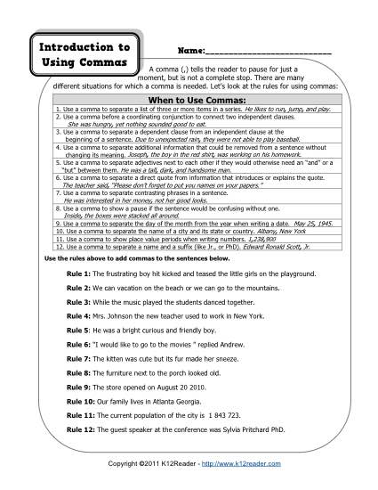 Intro to Using Commas | Free, Printable Punctuation Worksheets