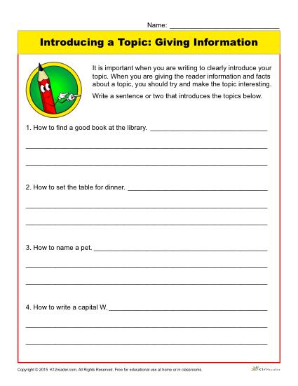 Writing Introductions Worksheet: Introducing a Topic: Giving Information