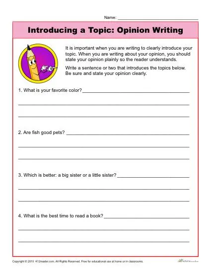 Writing Introductions Worksheet - Introducing a Topic: Opinion Writing