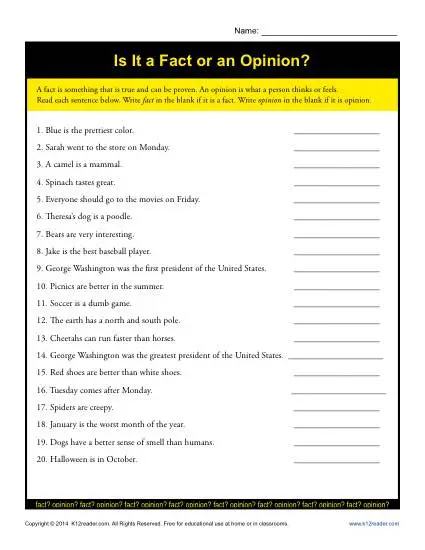 Fact and Opinion Worksheet Practice Activity