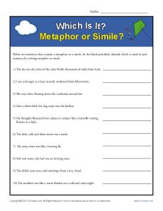 Simile and Metaphor Worksheet - Identifying similes and metaphors -  K12reader