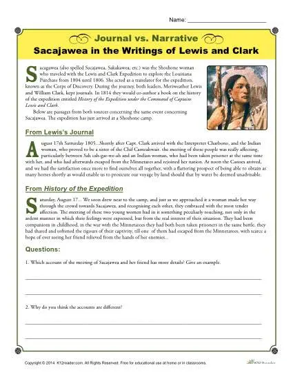 Native American Activity - Journal vs Narrative - Sacajawea