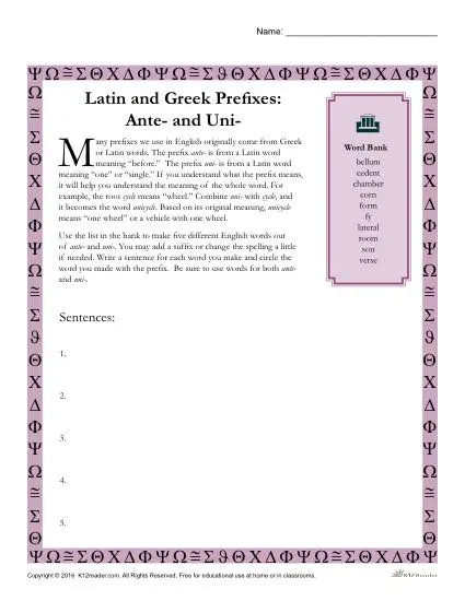 Greek and Latin Prefix Worksheet - Ante and Uni