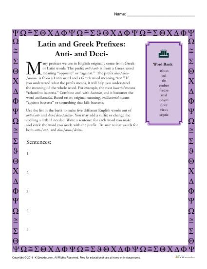 Greek and Latin Prefix Worksheet - Anti and Deci