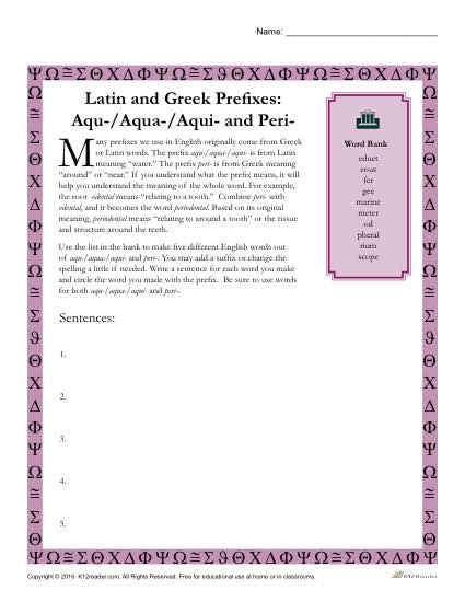 Greek and Latin Prefix Worksheet - Aqu and Peri