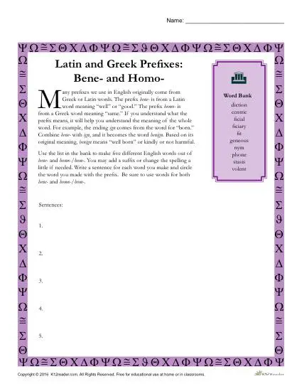 Greek and Latin Prefix Worksheet - Bene and Homo