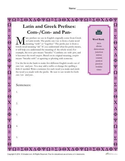Greek and Latin Prefix Worksheet - Com / Con and Pan