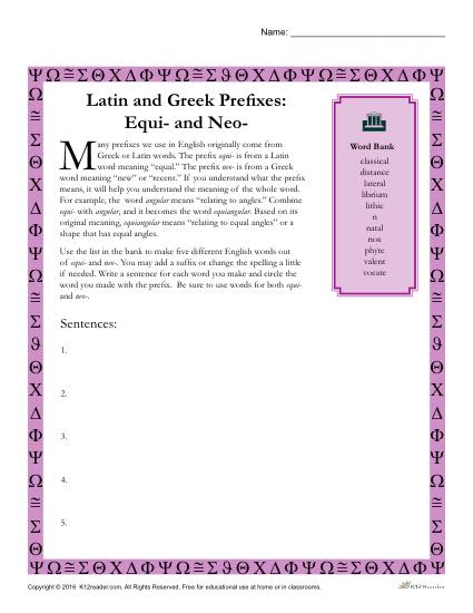Greek and Latin Prefix Worksheet - Equi and Neo