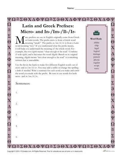 Greek and Latin Prefix Worksheet - Micro and In / Im / Il / Ir
