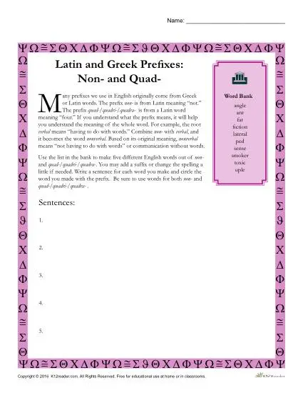 Greek and Latin Suffix Worksheet - NON and QUAD