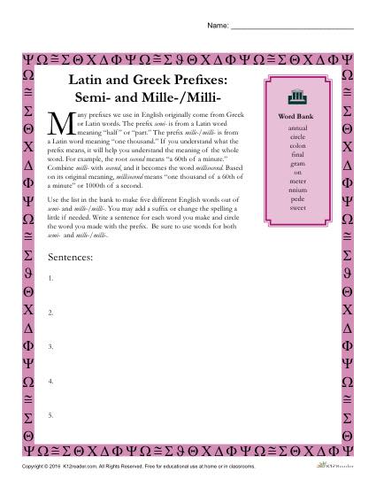 Greek and Latin Suffix Worksheet - SEMI and MILLE