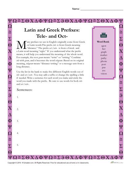 Greek And Latin Prefixes Tele And Oct Printable Worksheets