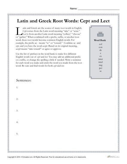 Latin and Greek Root Words Worksheet - Cept and Lect