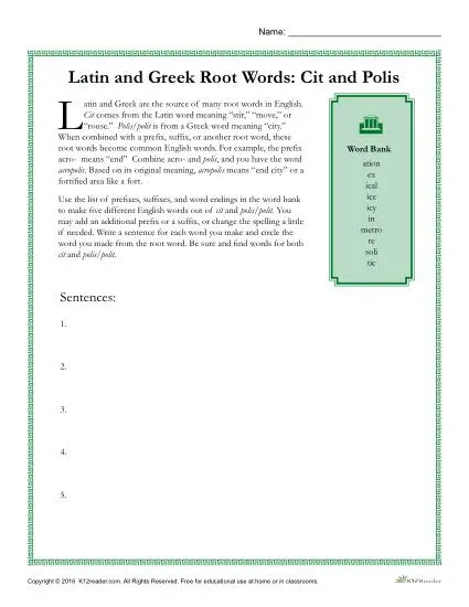 Latin and Greek Root Words Worksheet - Cit and Polis