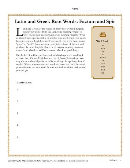 Latin and Greek Root Words Worksheet - Factum and Spir