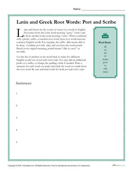 Latin and Greek Root Words Worksheet - Port and Scribe