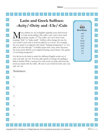 Greek and Latin Suffix Worksheet - ACITY / OCITY and ULE / CULE