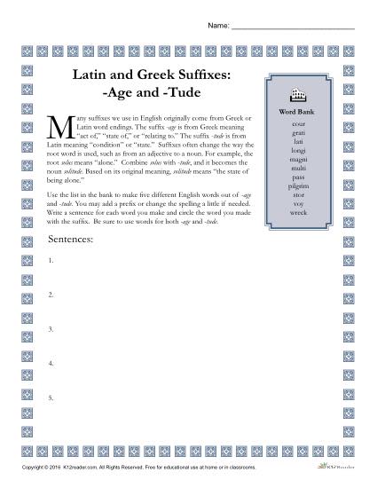 Greek and Latin Suffix Worksheet - AGE and TUDE