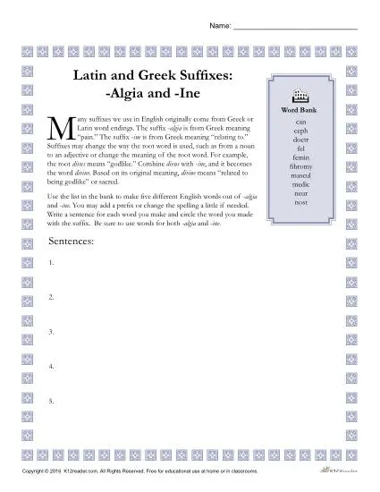 Greek and Latin Suffix Worksheet - ALGIA and INE