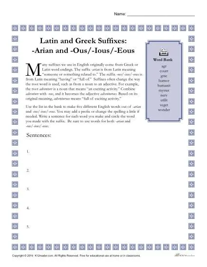 Greek and Latin Suffix Worksheet - ARIAN and OUS