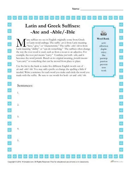 Greek and Latin Suffix Worksheet - ATE and ABLE / IBLE