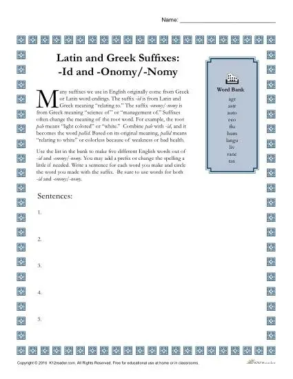 Greek and Latin Suffix Worksheet - ID and ONOMY / NOMY