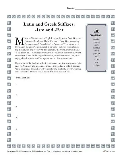 Greek and Latin Suffix Worksheet - ISM and EER