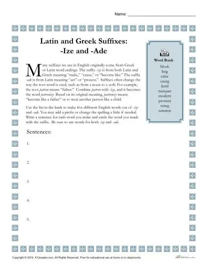 Greek and Latin Suffix Worksheets - IZE and ADE