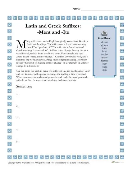 Greek and Latin Suffix Worksheets - MENT and ITE