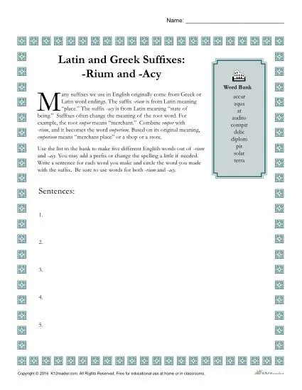Greek and Latin Suffix Worksheets - RIUM and ACY