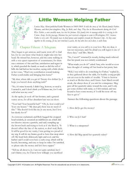 Little Women Reading Worksheet Activities: Helping Father