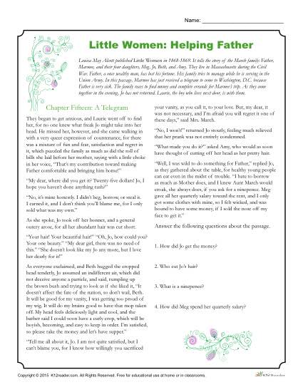 Little Women Reading Comprehension Worksheets