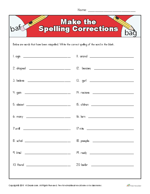 Printable Spelling Worksheet - Make the Spelling Corrections