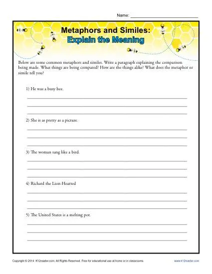 Metaphors and Similes - Explain the meaning - Free, Printable Worksheet Lesson Activity