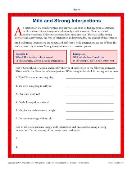 Mild and Strong Interjections - Worksheet Practice Activity