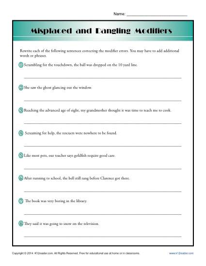 Misplaced and Dangling Modifiers | Word Usage Worksheet