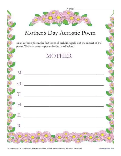 Mothers Day Acrostic Poem Activity